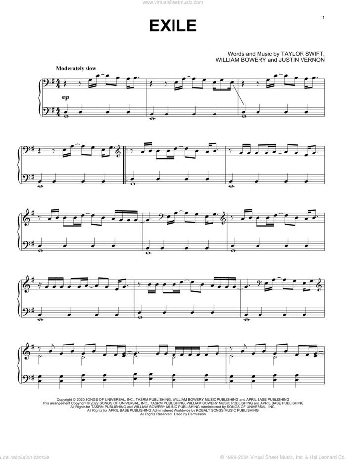 exile (feat. Bon Iver), (intermediate) sheet music for piano solo by Taylor Swift, Justin Vernon and William Bowery, intermediate skill level