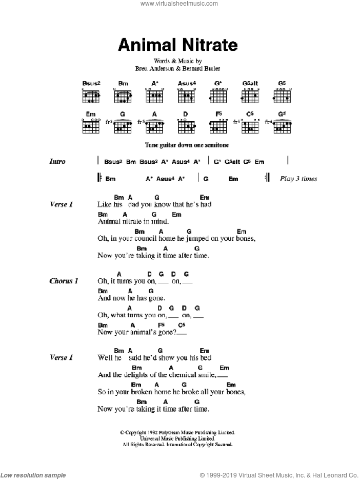 Animal Nitrate sheet music for guitar (chords) by Suede, Bernard Butler and Brett Anderson, intermediate skill level