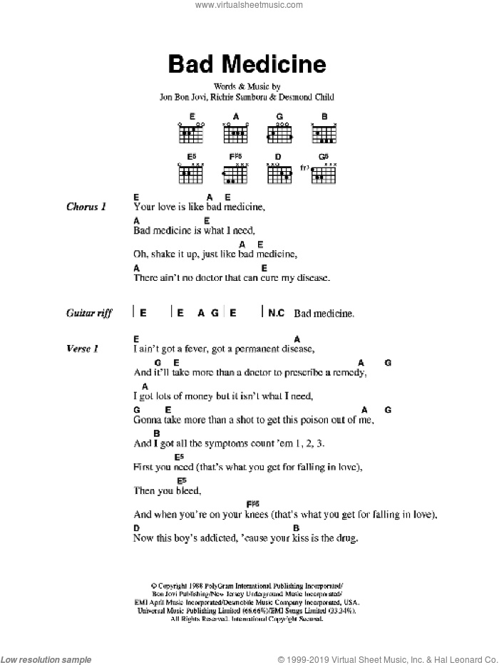 Bad Medicine sheet music for guitar (chords) by Bon Jovi, Desmond Child and Richie Sambora, intermediate skill level