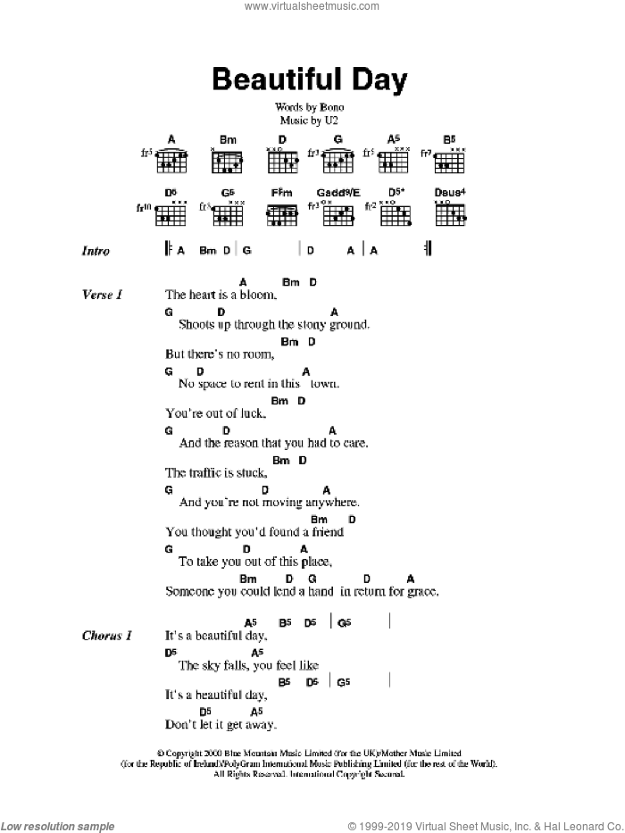 Beautiful Day sheet music for guitar (chords) by U2 and Bono, intermediate skill level