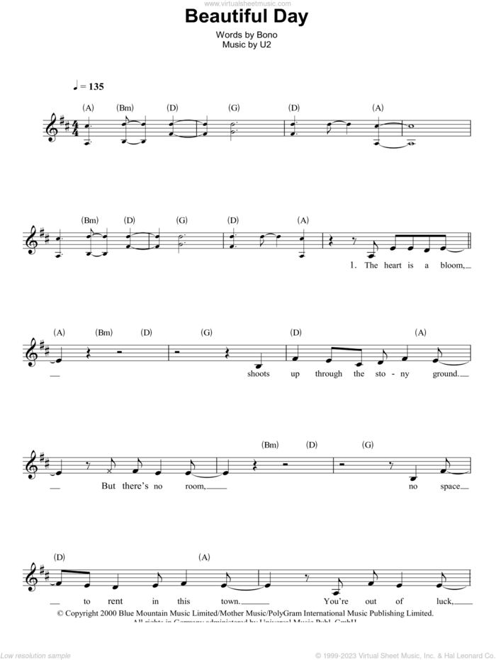 Beautiful Day sheet music for voice and other instruments (fake book) by U2 and Bono, intermediate skill level