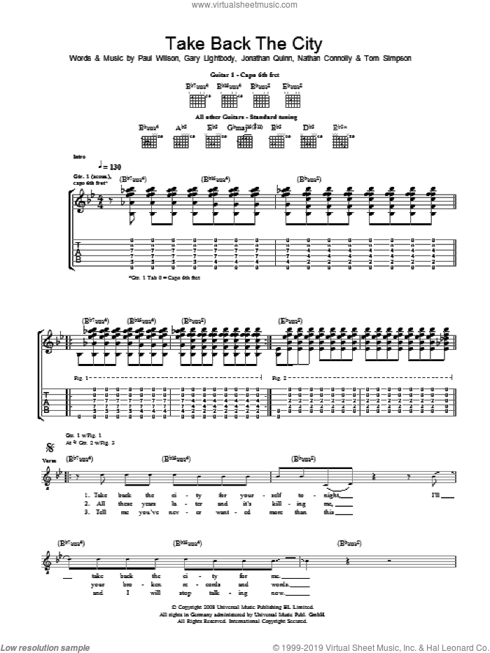 Take Back The City sheet music for guitar (tablature) by Snow Patrol, Gary Lightbody, Jonathan Quinn, Nathan Connolly, Paul Wilson and Tom Simpson, intermediate skill level