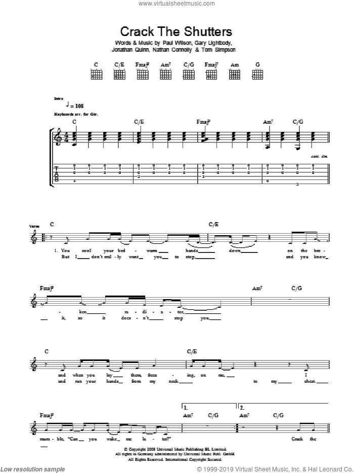 Crack The Shutters sheet music for guitar (tablature) by Snow Patrol, Gary Lightbody, Jonathan Quinn, Nathan Connolly, Paul Wilson and Tom Simpson, intermediate skill level
