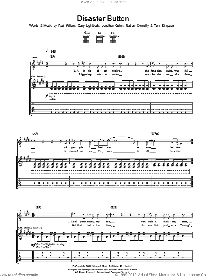 Disaster Button sheet music for guitar (tablature) by Snow Patrol, Gary Lightbody, Jonathan Quinn, Nathan Connolly, Paul Wilson and Tom Simpson, intermediate skill level