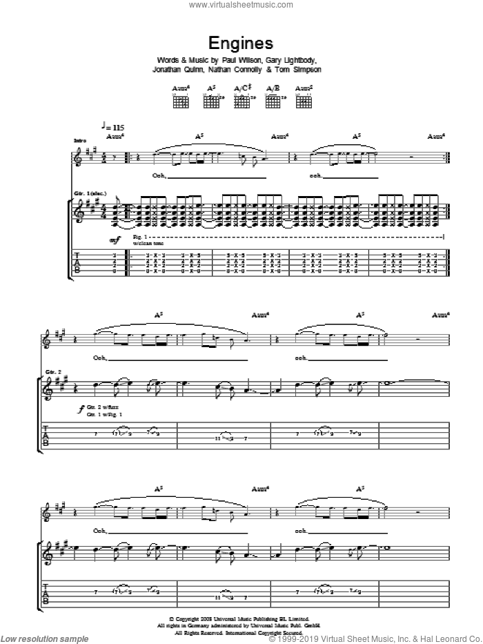 Engines sheet music for guitar (tablature) by Snow Patrol, Gary Lightbody, Jonathan Quinn, Nathan Connolly, Paul Wilson and Tom Simpson, intermediate skill level