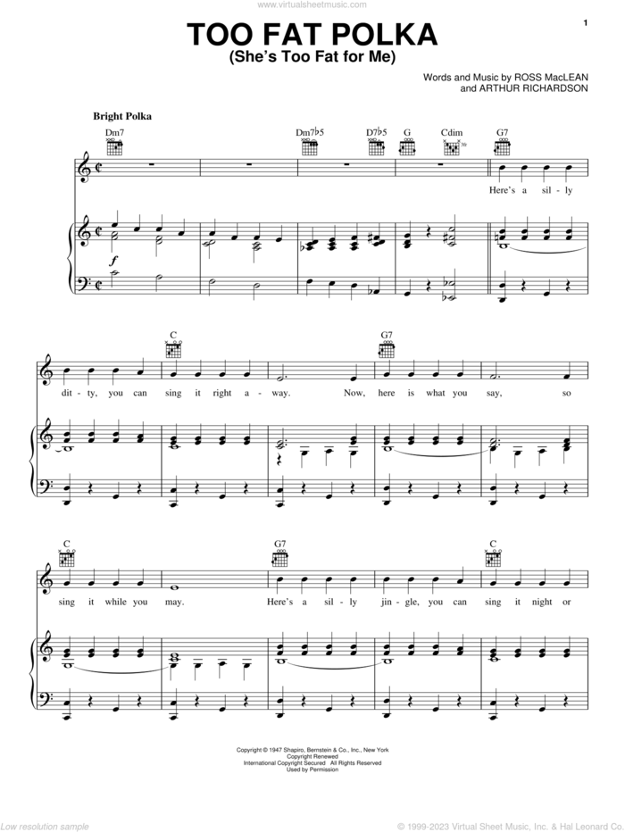 Too Fat Polka (She's Too Fat For Me) sheet music for voice, piano or guitar by Frankie Yankovic, Andrews Sisters, The Andrews Sisters, Arthur Richardson and Ross MacLean, intermediate skill level
