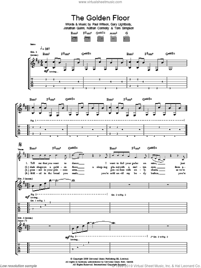 The Golden Floor sheet music for guitar (tablature) by Snow Patrol, Gary Lightbody, Jonathan Quinn, Nathan Connolly, Paul Wilson and Tom Simpson, intermediate skill level