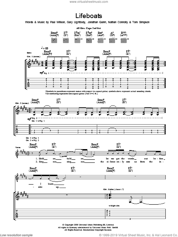 Lifeboats sheet music for guitar (tablature) by Snow Patrol, Gary Lightbody, Jonathan Quinn, Nathan Connolly, Paul Wilson and Tom Simpson, intermediate skill level