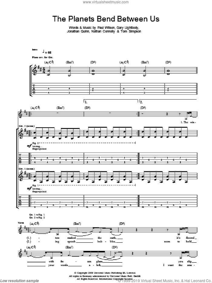 The Planets Bend Between Us sheet music for guitar (tablature) by Snow Patrol, Gary Lightbody, Jonathan Quinn, Nathan Connolly, Paul Wilson and Tom Simpson, intermediate skill level