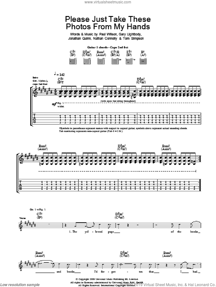 Please Just Take These Photos From My Hands sheet music for guitar (tablature) by Snow Patrol, Gary Lightbody, Jonathan Quinn, Nathan Connolly, Paul Wilson and Tom Simpson, intermediate skill level