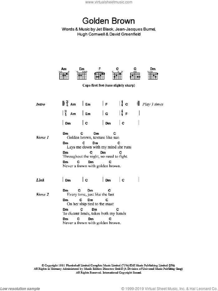 Golden Brown sheet music for guitar (chords) by The Stranglers, David Greenfield, Hugh Cornwell, Jean-Jacques Burnel and Jet Black, intermediate skill level