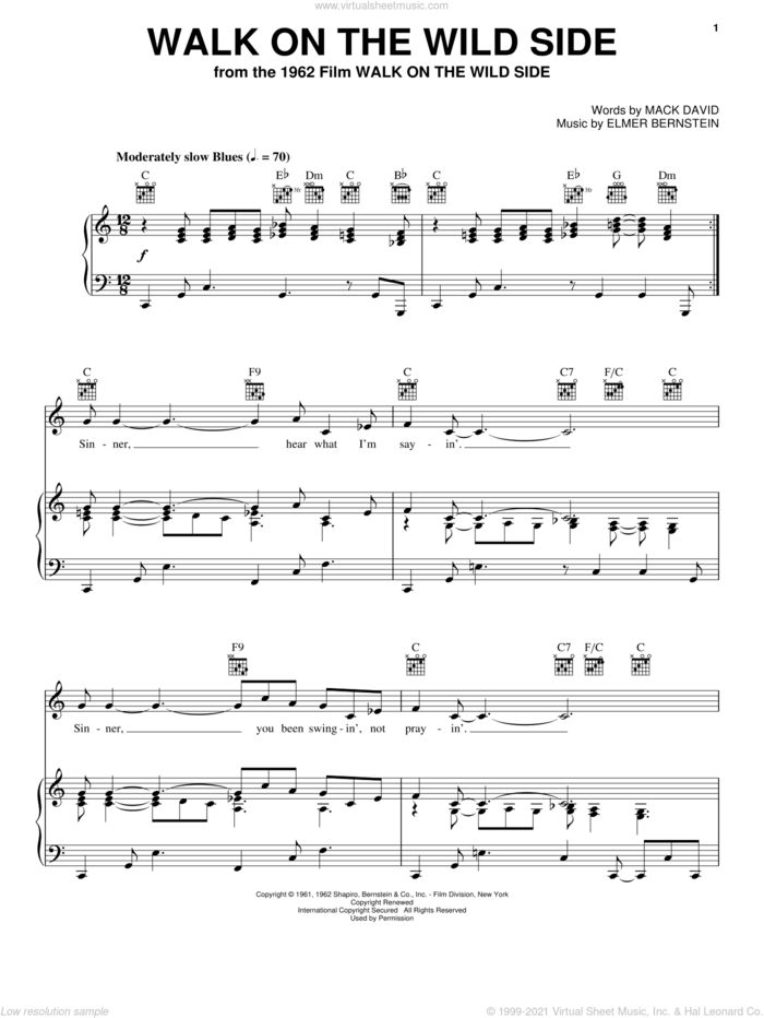 Walk On The Wild Side sheet music for voice, piano or guitar by Jimmy Smith, Quincy Jones, Elmer Bernstein and Mack David, intermediate skill level
