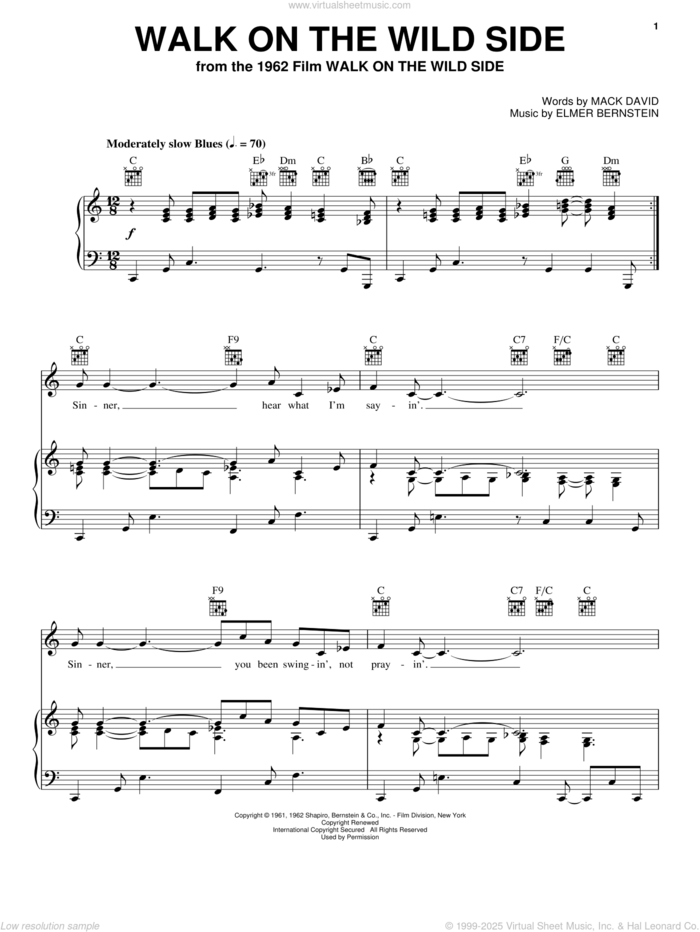 Walk On The Wild Side sheet music for voice, piano or guitar by Jimmy Smith, Quincy Jones, Elmer Bernstein and Mack David, intermediate skill level