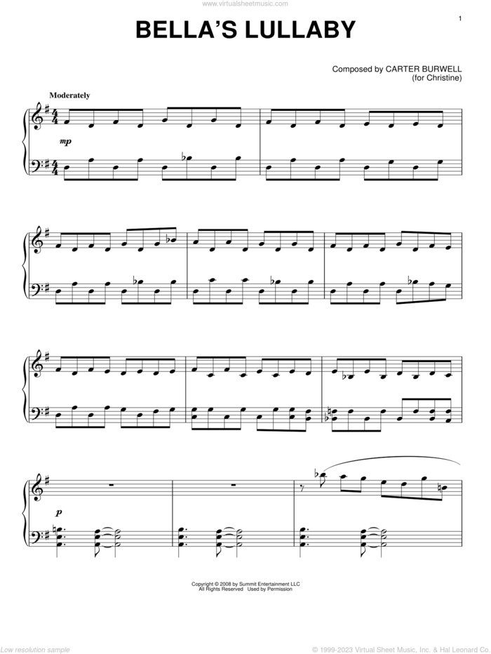 Twilight Piano Solo Pack featuring Bella's Lullaby sheet music for piano solo by Carter Burwell and Twilight (Movie), intermediate skill level
