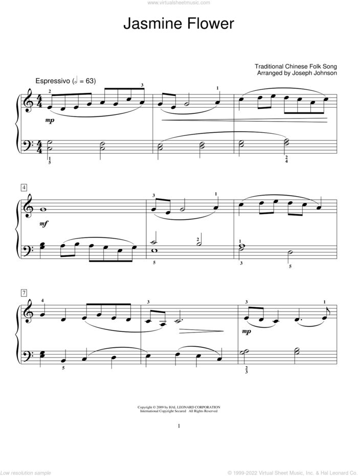 Jasmine Flower Song (arr. Joseph Johnson) sheet music for piano solo (elementary)  and Joseph Johnson, beginner piano (elementary)