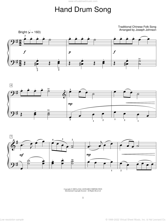 Hand Drum Song (arr. Joseph Johnson) sheet music for piano solo (elementary)  and Joseph Johnson, beginner piano (elementary)