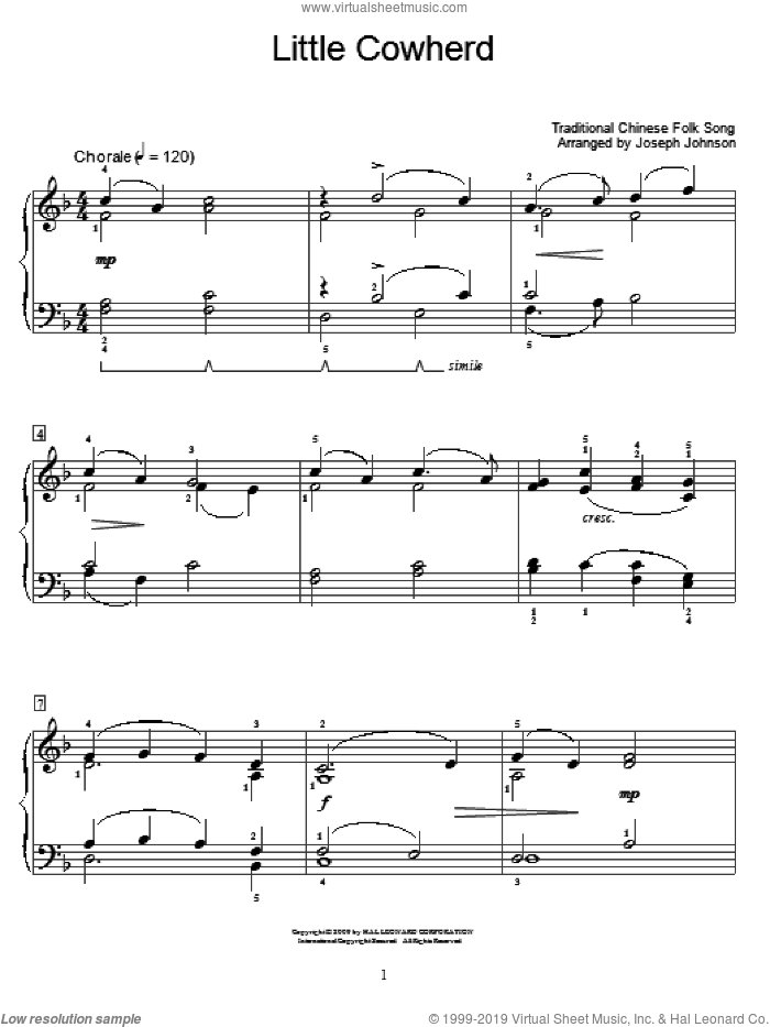 Little Cowherd sheet music for piano solo (elementary)  and Joseph Johnson, beginner piano (elementary)