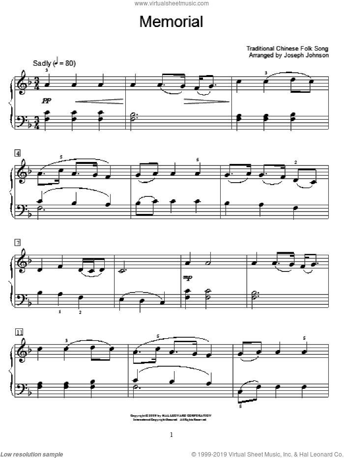 Memorial (arr. Joseph Johnson) sheet music for piano solo (elementary)  and Joseph Johnson, beginner piano (elementary)