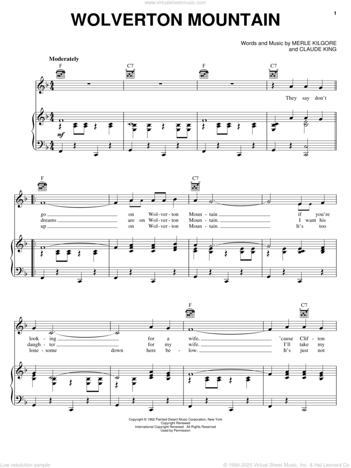 Wolverton Mountain sheet music for voice, piano or guitar by Carole King, Hank Williams, Jr., Claude King and Merle Kilgore, intermediate skill level