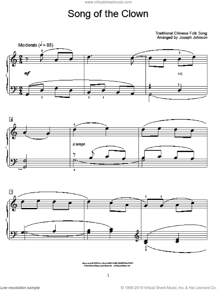 Song Of The Clown (arr. Joseph Johnson) sheet music for piano solo (elementary)  and Joseph Johnson, beginner piano (elementary)