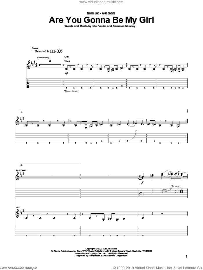 Are You Gonna Be My Girl sheet music for guitar (tablature) by Nic Cester and Cameron Muncey, intermediate skill level