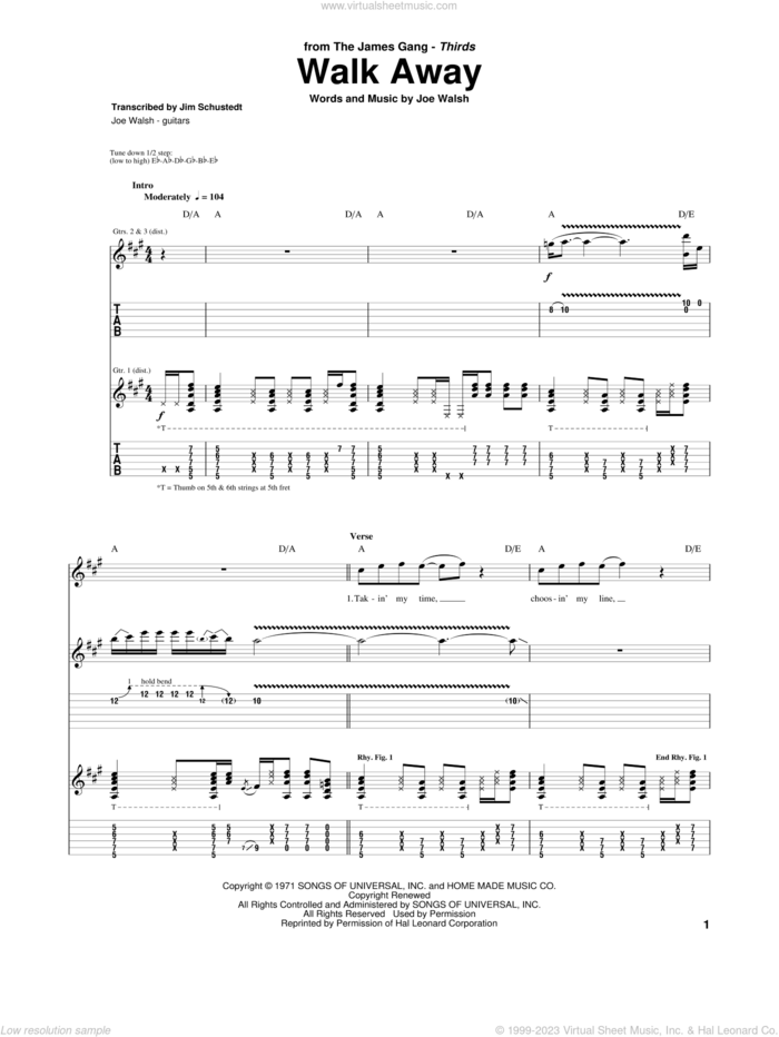 Walk Away sheet music for guitar (tablature) by The James Gang and Joe Walsh, intermediate skill level