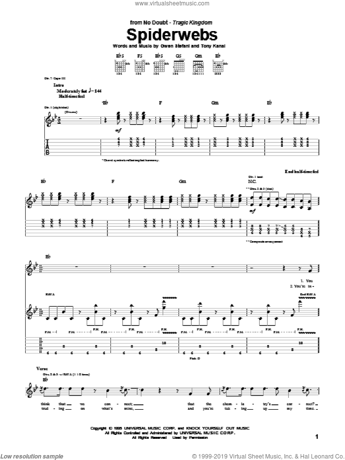 Spiderwebs sheet music for guitar (tablature) by No Doubt, Gwen Stefani and Tony Kanal, intermediate skill level