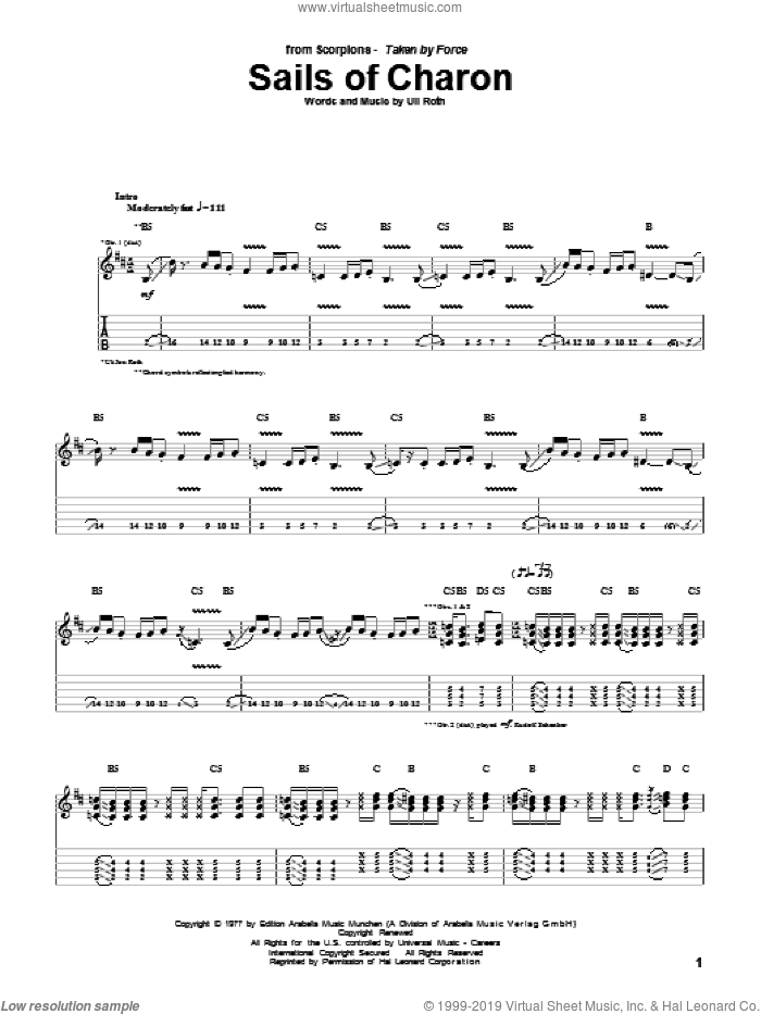 Sails Of Charon sheet music for guitar (tablature) by Scorpions and Uli Roth, intermediate skill level