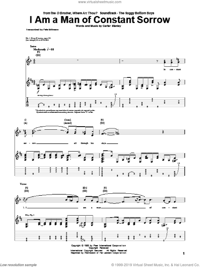 I Am A Man Of Constant Sorrow sheet music for guitar (tablature) by The Soggy Bottom Boys, O Brother, Where Art Thou? (Movie) and Carter Stanley, intermediate skill level