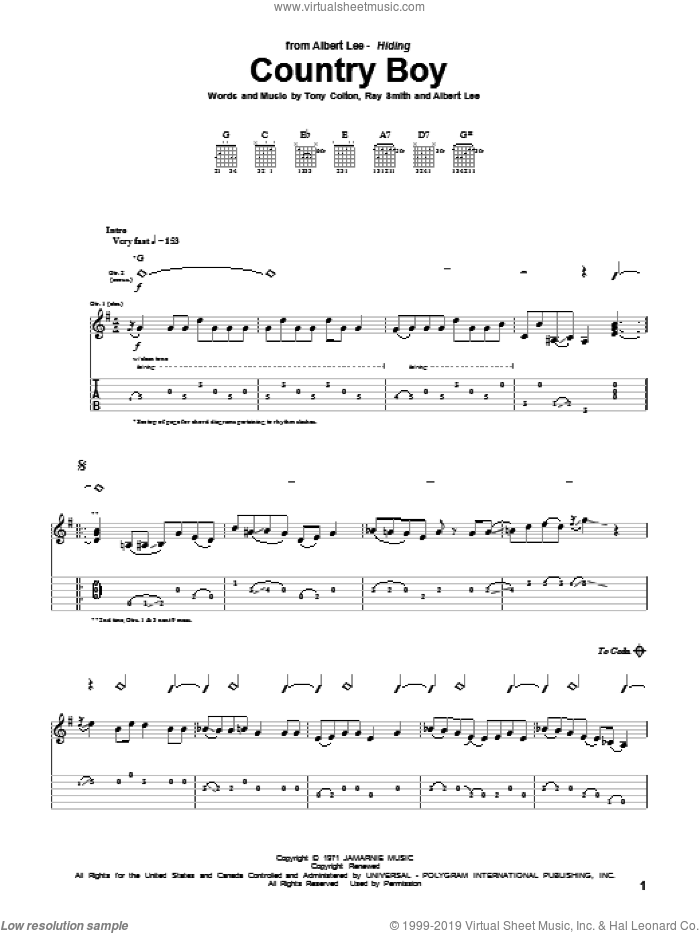 Country Boy sheet music for guitar (tablature) by Albert Lee, Ray Smith and Tony Colton, intermediate skill level