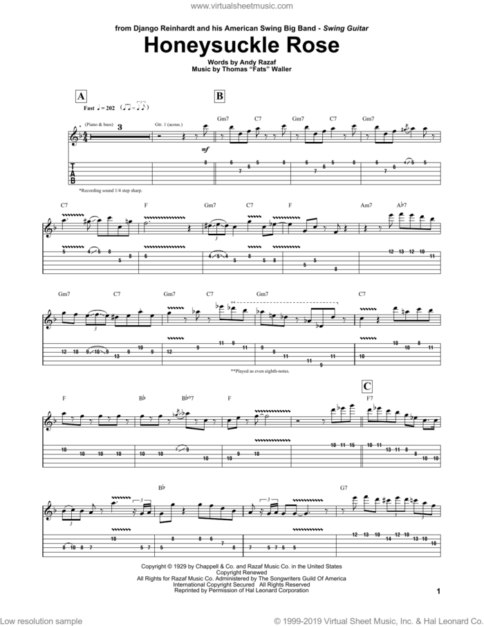 Honeysuckle Rose sheet music for guitar (tablature) by Django Reinhardt, Andy Razaf and Thomas Waller, intermediate skill level