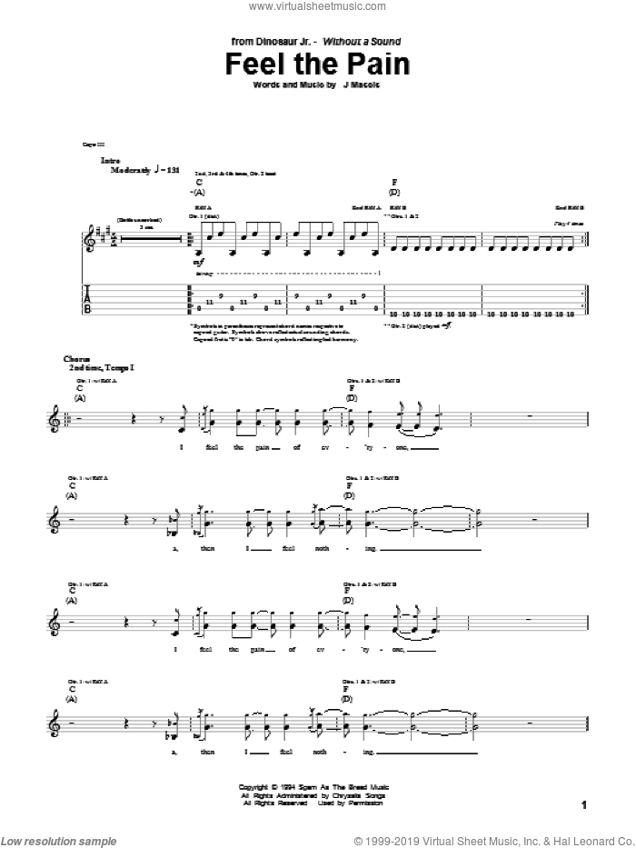 Feel The Pain sheet music for guitar (tablature) by Dinosaur Jr. and Joseph Mascis, intermediate skill level
