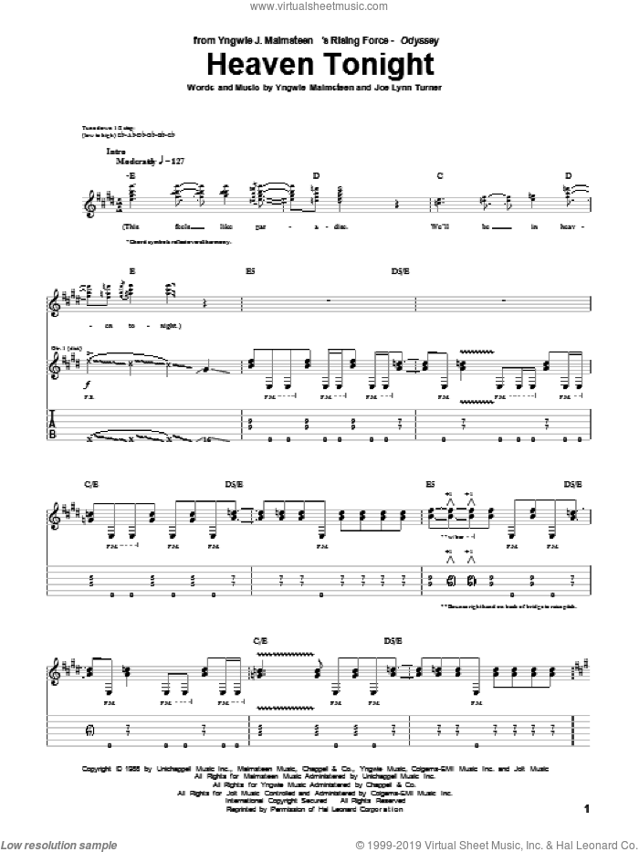 Heaven Tonight sheet music for guitar (tablature) by Yngwie Malmsteen and Joe Lynn Turner, intermediate skill level