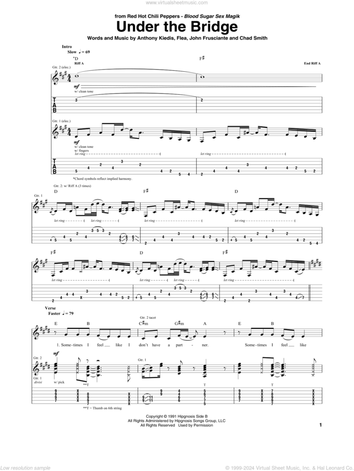 Under The Bridge sheet music for guitar (tablature) by Red Hot Chili Peppers, Anthony Kiedis, Chad Smith, Flea and John Frusciante, intermediate skill level
