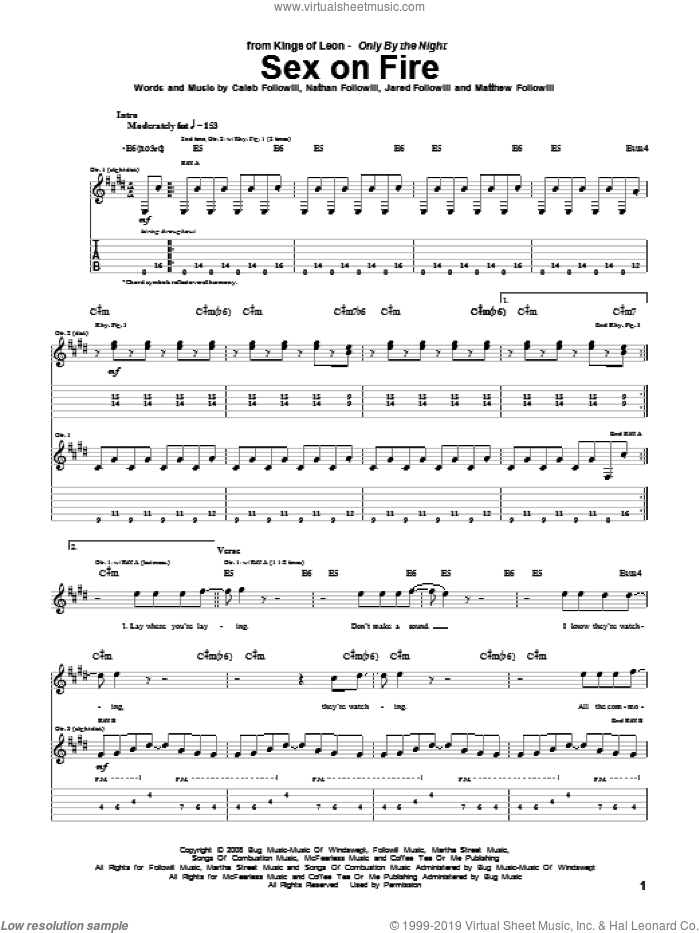 Sex On Fire sheet music for guitar (tablature) by Kings Of Leon, Caleb Followill, Jared Followill, Matthew Followill and Nathan Followill, intermediate skill level