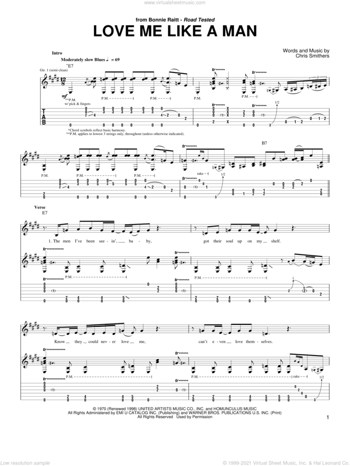 Love Me Like A Man sheet music for guitar (tablature) by Bonnie Raitt, Diana Krall and Chris Smither, intermediate skill level