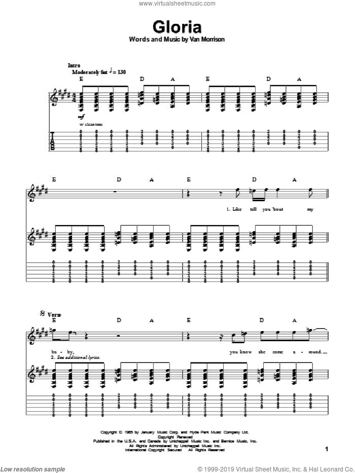 Gloria sheet music for guitar (tablature, play-along) by Them, The Doors and Van Morrison, intermediate skill level