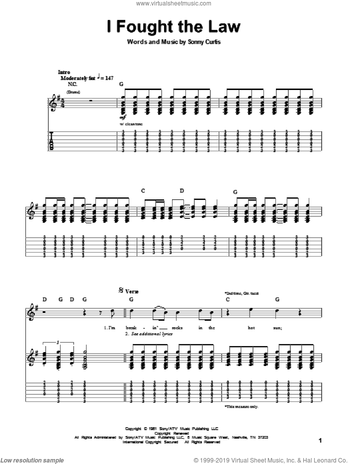 I Fought The Law sheet music for guitar (tablature, play-along) by Bobby Fuller Four, The Clash and Sonny Curtis, intermediate skill level