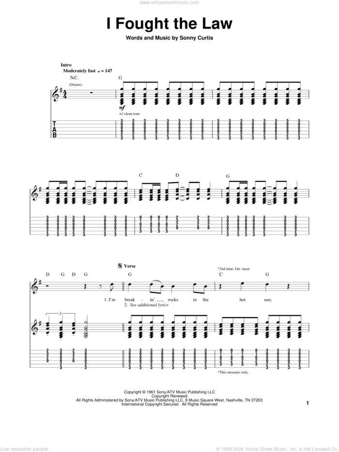 I Fought The Law sheet music for guitar (tablature, play-along) by Bobby Fuller Four, The Clash and Sonny Curtis, intermediate skill level