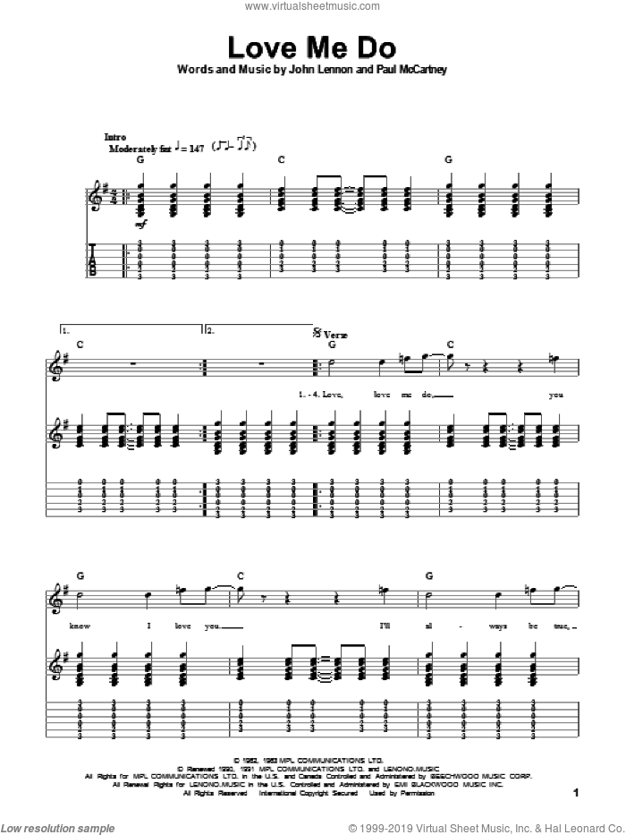 Love Me Do sheet music for guitar (tablature, play-along) by The Beatles, John Lennon and Paul McCartney, intermediate skill level