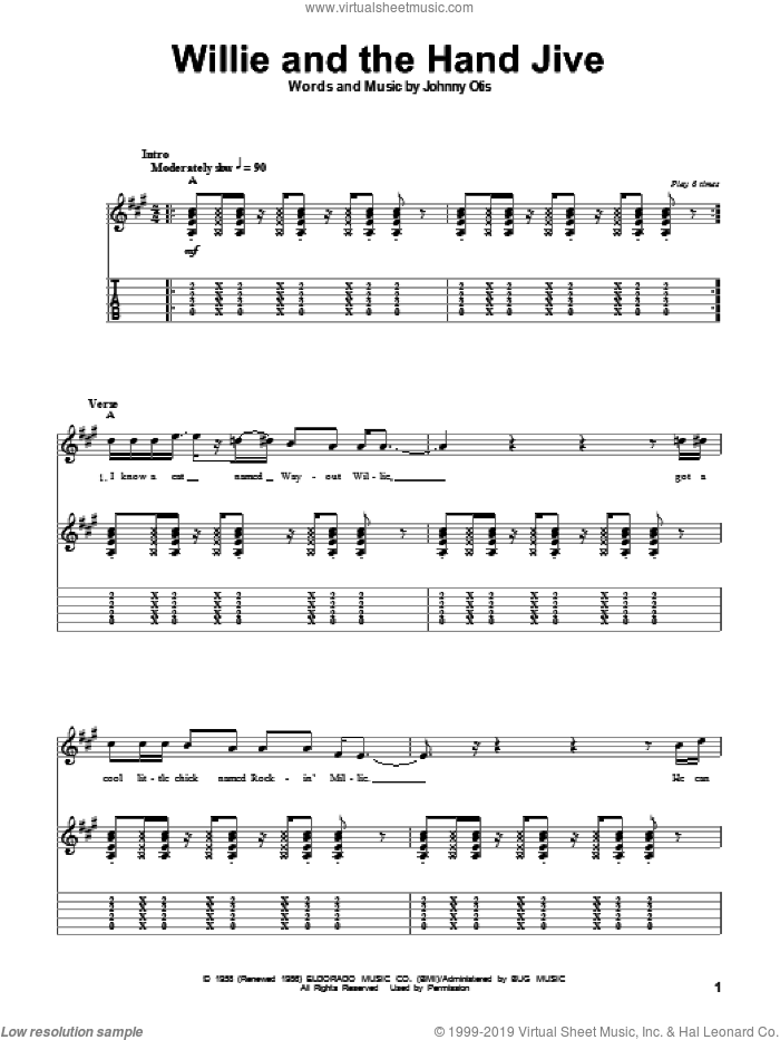 Willie And The Hand Jive sheet music for guitar (tablature, play-along) by Eric Clapton and Johnny Otis, intermediate skill level