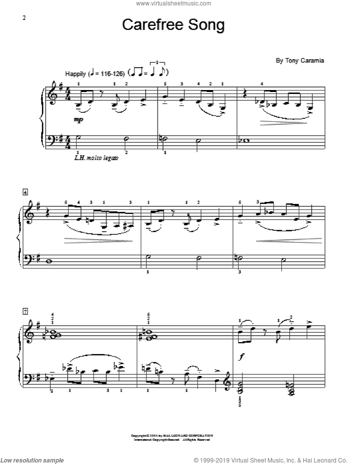 Carefree Song sheet music for piano solo (elementary) by Tony Caramia and Miscellaneous, beginner piano (elementary)