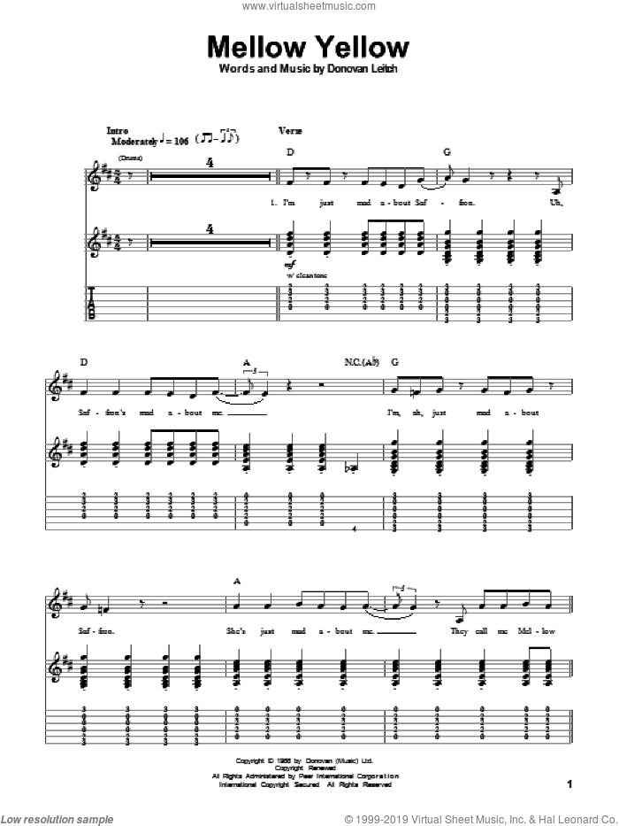 Mellow Yellow sheet music for guitar (tablature, play-along) by Walter Donovan and Donovan Leitch, intermediate skill level