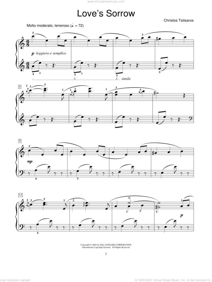 Love's Sorrow sheet music for piano solo (elementary) by Christos Tsitsaros and Miscellaneous, classical score, beginner piano (elementary)
