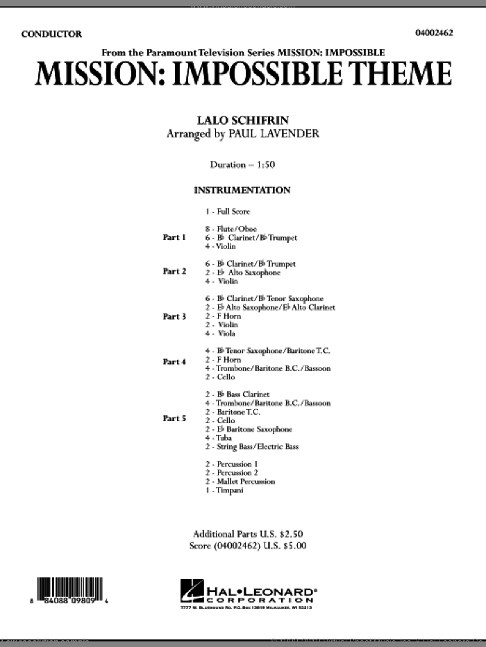 Mission: Impossible Theme (arr. Paul Lavender) (COMPLETE) sheet music for concert band by Lalo Schifrin and Paul Lavender, intermediate skill level