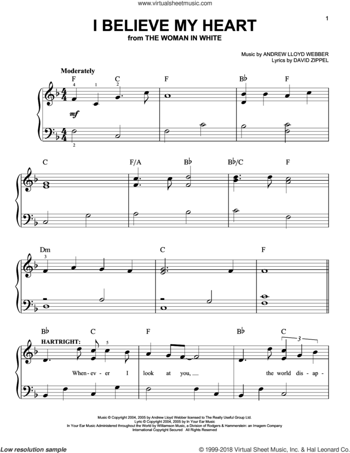 I Believe My Heart (from The Woman In White) sheet music for piano solo by Andrew Lloyd Webber, The Woman In White (Musical) and David Zippel, easy skill level