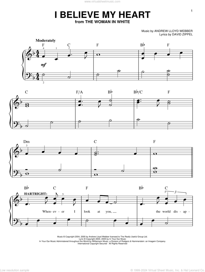 I Believe My Heart (from The Woman In White) sheet music for piano solo by Andrew Lloyd Webber, The Woman In White (Musical) and David Zippel, easy skill level