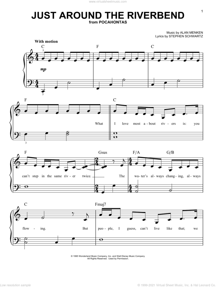 Just Around The Riverbend sheet music for piano solo by Alan Menken and Stephen Schwartz, easy skill level