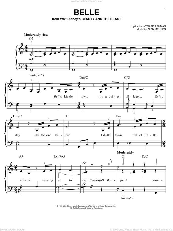 Belle (from Beauty And The Beast) sheet music for piano solo by Alan Menken, Beauty And The Beast, Alan Menken & Howard Ashman and Howard Ashman, easy skill level