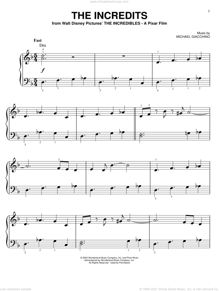 The Incredits (from The Incredibles), (easy) sheet music for piano solo by Michael Giacchino and The Incredibles (Movie), easy skill level